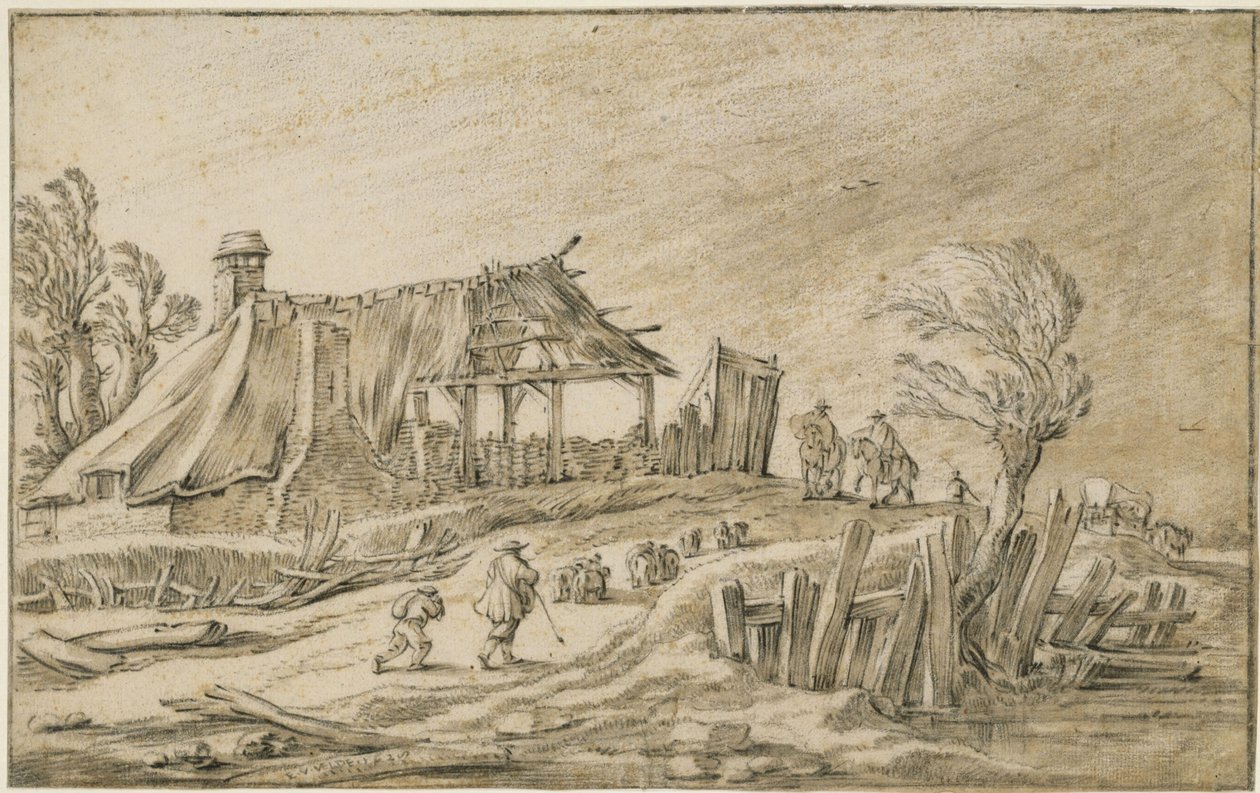 Carretera con un rebaño de ovejas y jinetes en medio de una tormenta de Esaias van de Velde