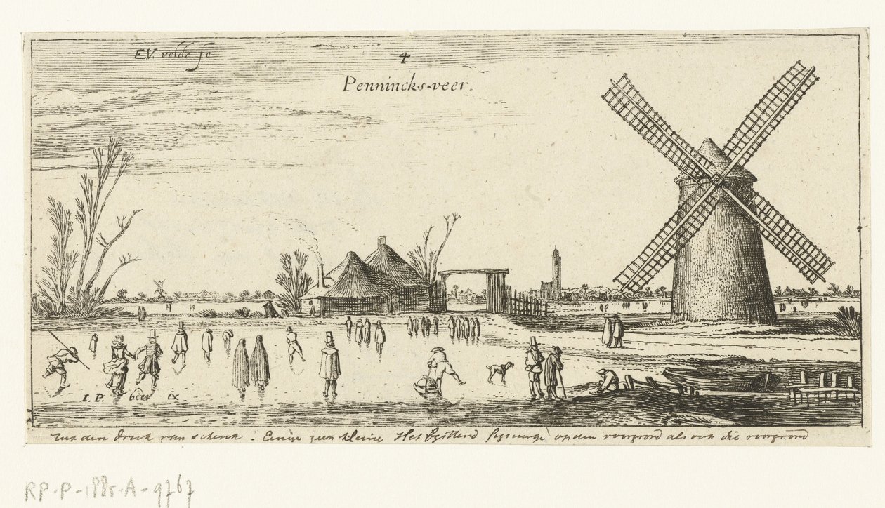 Patinadores sobre el hielo en un molino cerca de Penningsveer Paisajes (título de la serie) de Esaias van de Velde