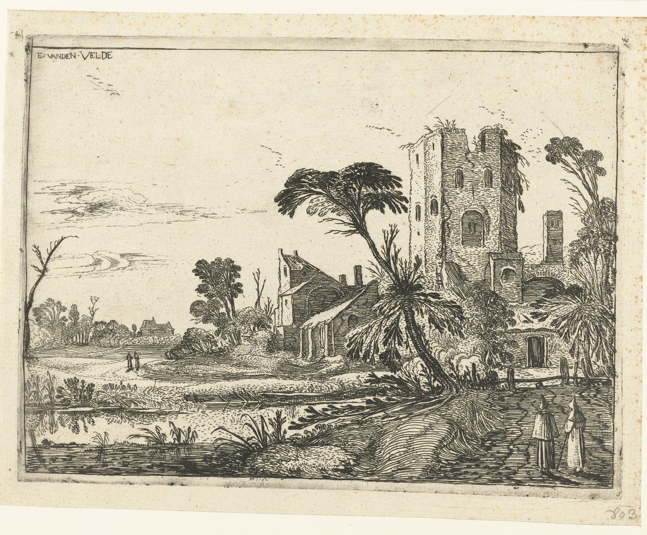 Dos monjes en un camino más allá de una torre en ruinas Paisajes paisajísticos (título de la serie) de Esaias van de Velde
