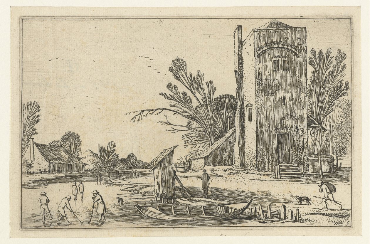 Torre cuadrada junto a un río congelado con Flask Players Paisajes paisajísticos (título de la serie) de Esaias van de Velde