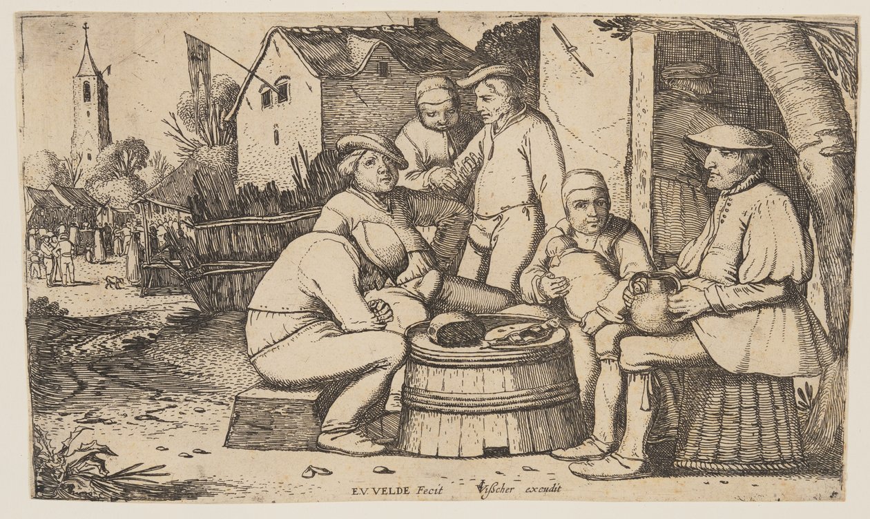 Seis campesinos utilizando una culata de barril como mesa de Esaias van den Velde I
