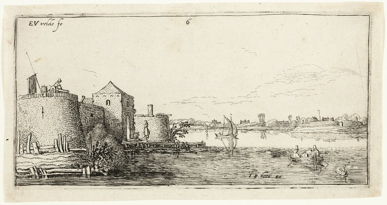 Diez paisajes: Ciudad amurallada a la izquierda de un río de Esaias van den Velde I