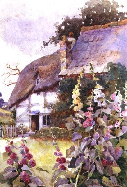 Malvarrosas fuera de una cabaña con techo de paja de Ethel Davies