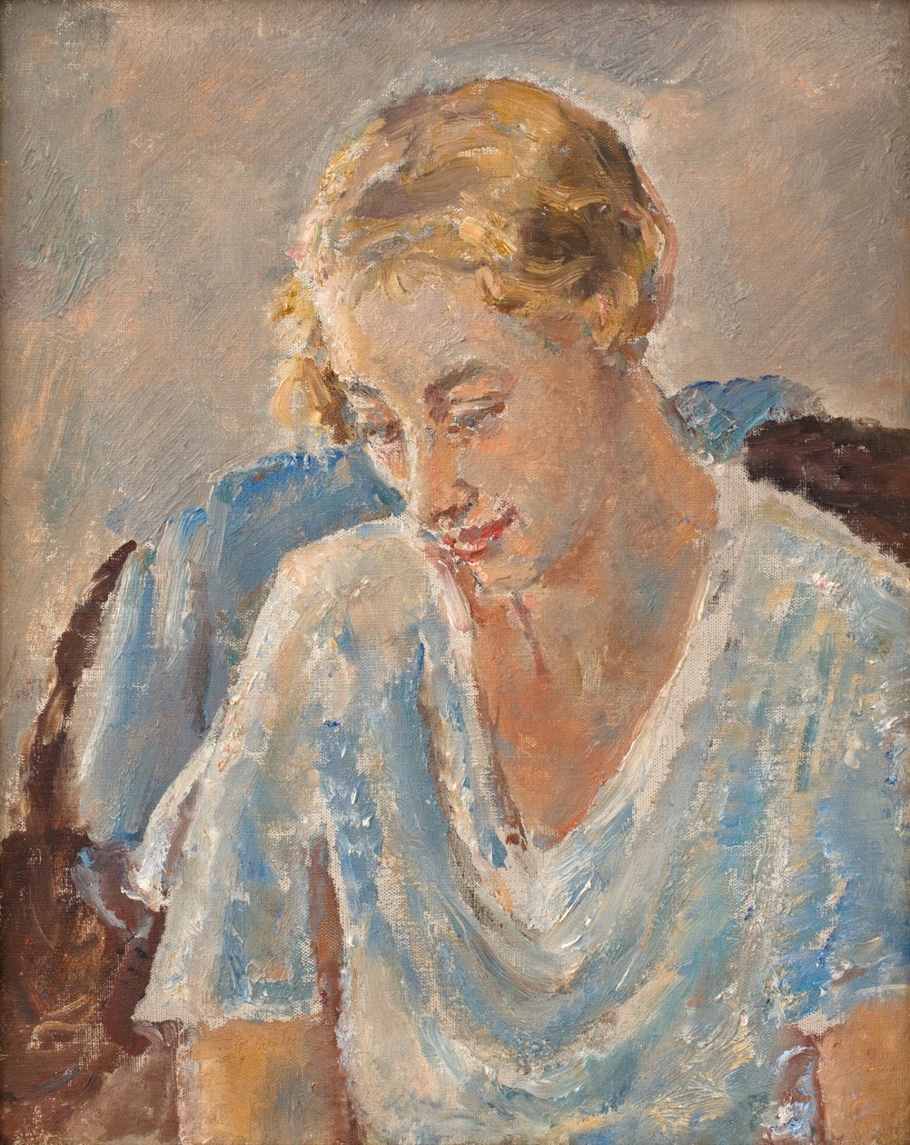 Retrato de una mujer vestida de azul (óleo sobre lienzo) de Ethel Walker