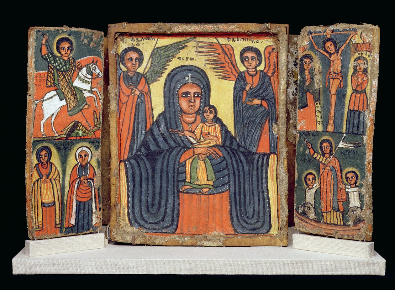 Tríptico doble, cultura Amhara (gesso y pigmento sobre lino) de Ethiopian School