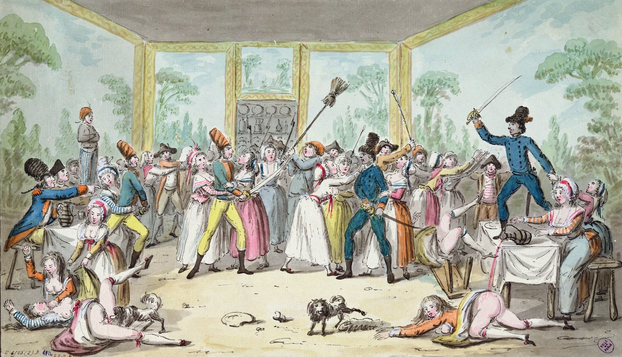 Escena tumultuosa en una taberna durante el período de la Revolución Francesa, c.1789 de Etienne Bericourt