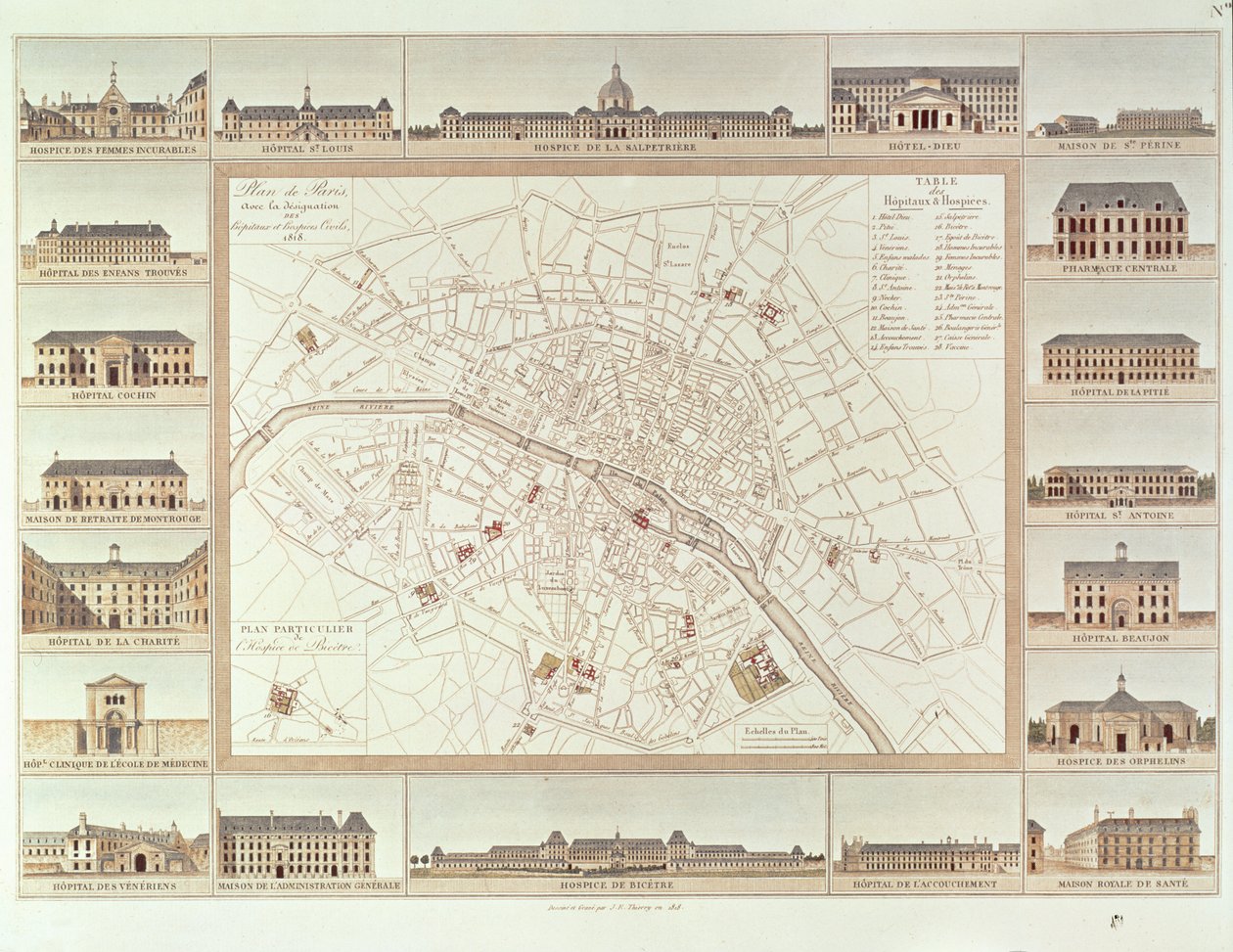 Plano de París indicando hospitales civiles y hogares, 1818, publicado en 1820 de Etienne Jules Thierry