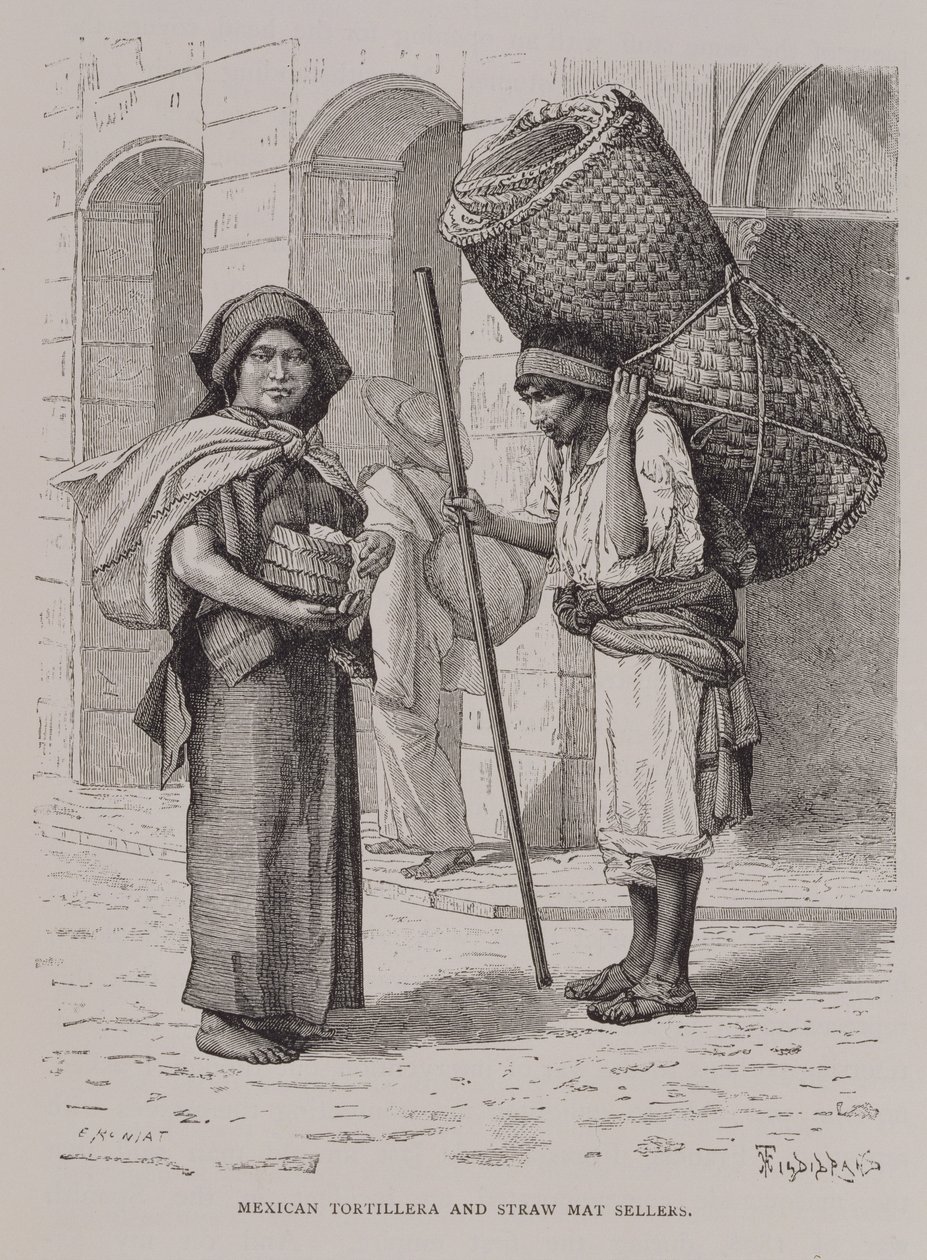 Tortillera mexicana y vendedora de esteras de paja, de 