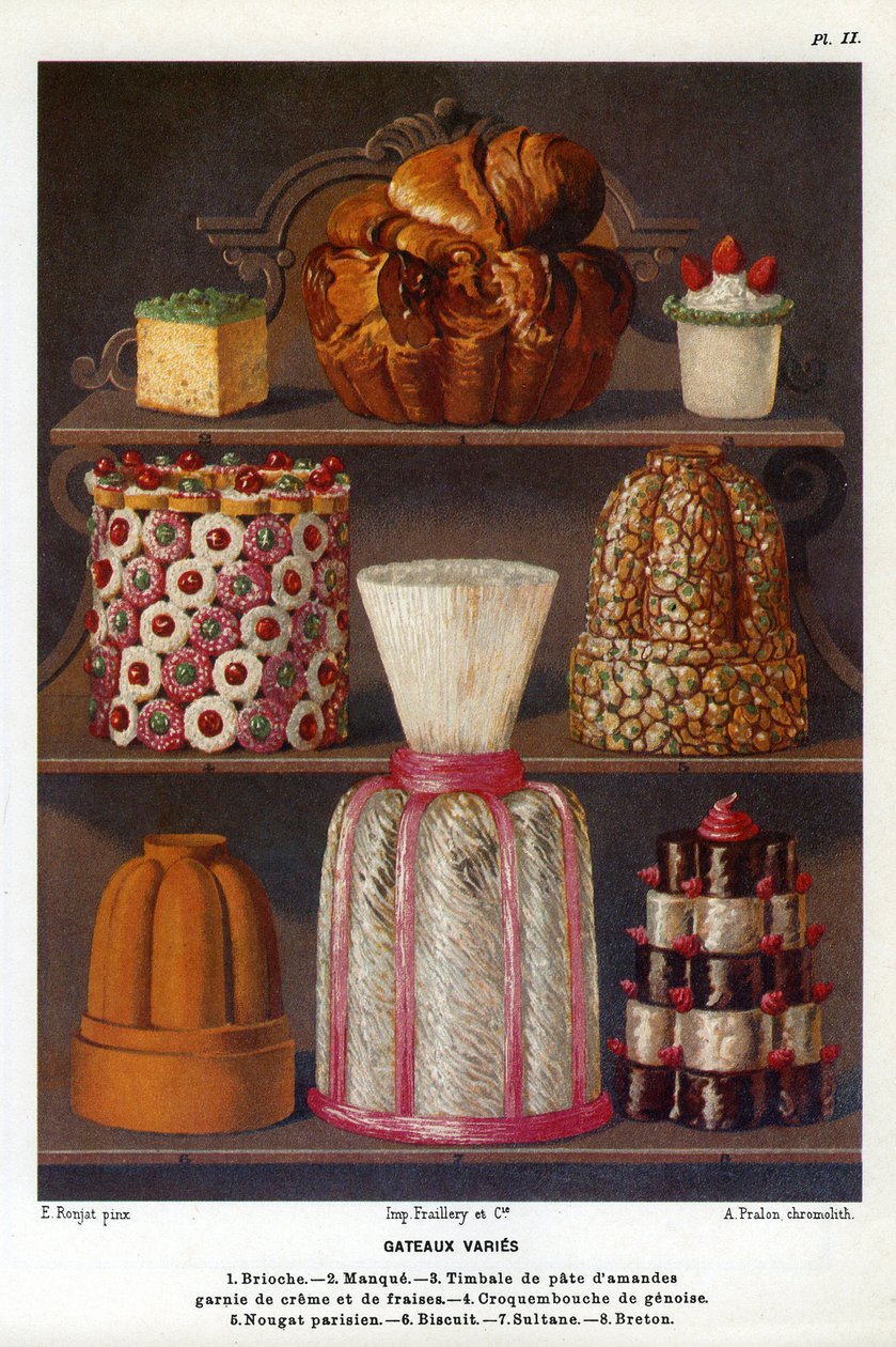 Variedad de pasteles: brioche, falta, timbal de pasta de almendra cubierto con crema y fresas, croquenbouche de genoise, nougat parisino, bizcocho, sultana, bretón - Placa No. 2 del Libro de Pastelería de Jules Gouffe, oficial de boca del Jockey-Club de Pa de Etienne (after) Ronjat