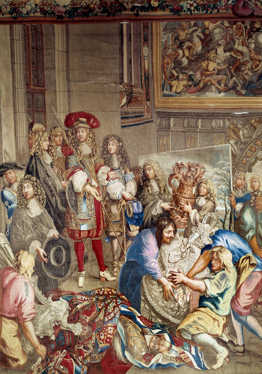 Visita de Luis XIV a la Manufactura de los Gobelinos en presencia de Jean Baptiste (Jean-Baptiste) Colbert (1619-1683) (de perfil, a la derecha del rey) y del pintor Charles Lebrun (Le Brun) (1619-1690), 15 de octubre de Etienne (studio of) Le Blond