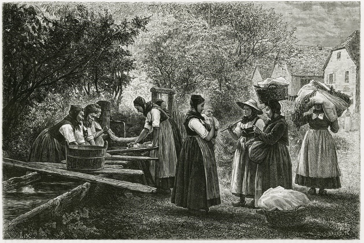 Una lavandería en Metzeral, mujeres con trajes tradicionales del valle se reúnen en la fuente del pueblo. Grabado de E. Ronjat, para ilustrar la historia “Atravers l