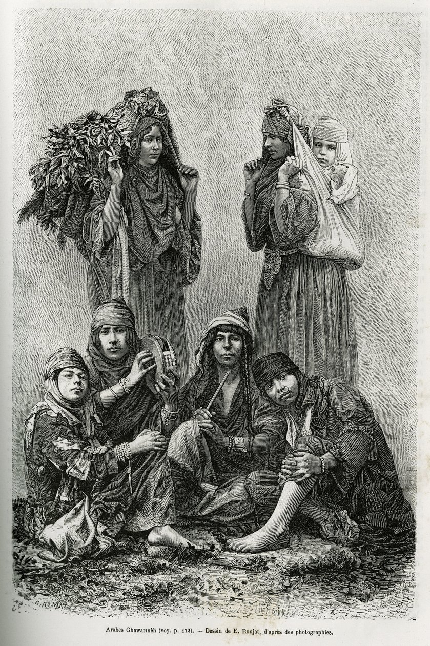 Árabes Ghawarineh, nómadas de la cuenca del Mar Muerto. Ilustración de la historia de Siria hoy, por M. Lortet, decano de la Facultad de Medicina de Lyon, encargado de una misión científica por el Ministerio de Educación Pública, publicado en Le tour du mo de Etienne Antoine Eugene Ronjat