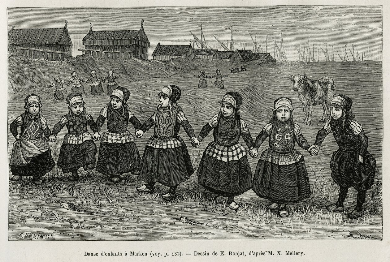 Bailes infantiles en Marken (Países Bajos), grabado según un dibujo de E.Ronjat, para ilustrar la historia de los Países Bajos, por Charles de Coster, en 1878, publicado en Le tour du monde, bajo la dirección de Edouard Charton de Etienne Antoine Eugene Ronjat