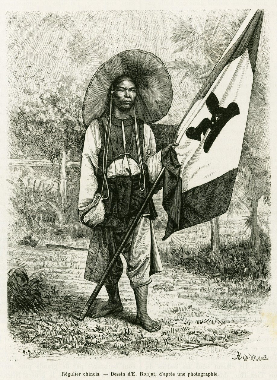 Regla china. Grabado por E. Ronjat, después de una fotografía, para ilustrar la historia Treinta meses en Tonkín en 1884, por el Doctor Hocquard, en le tour du monde 1889, dirigido por Edouard Charton (1807-1890), Hachette, París. de Etienne Antoine Eugene Ronjat