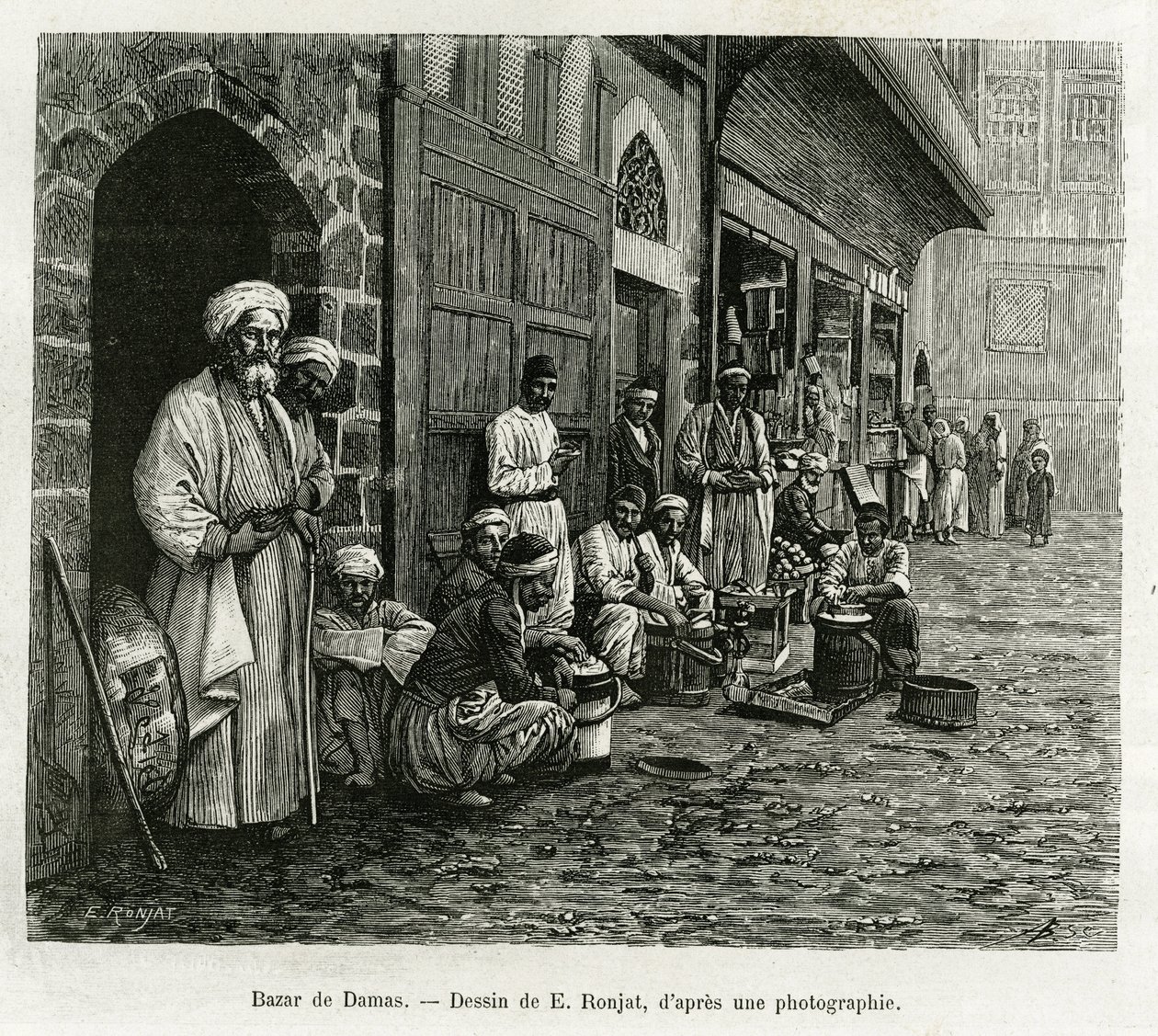Bazar de Damasco. Grabado de E.Ronjat, para ilustrar la historia La Siria de hoy, por M. Lortet, decano de la Facultad de Medicina de Lyon, encargado de una misión por el Ministerio de Educación Pública, publicado en el Tour du monde, bajo la dirección de de Etienne Antoine Eugene Ronjat