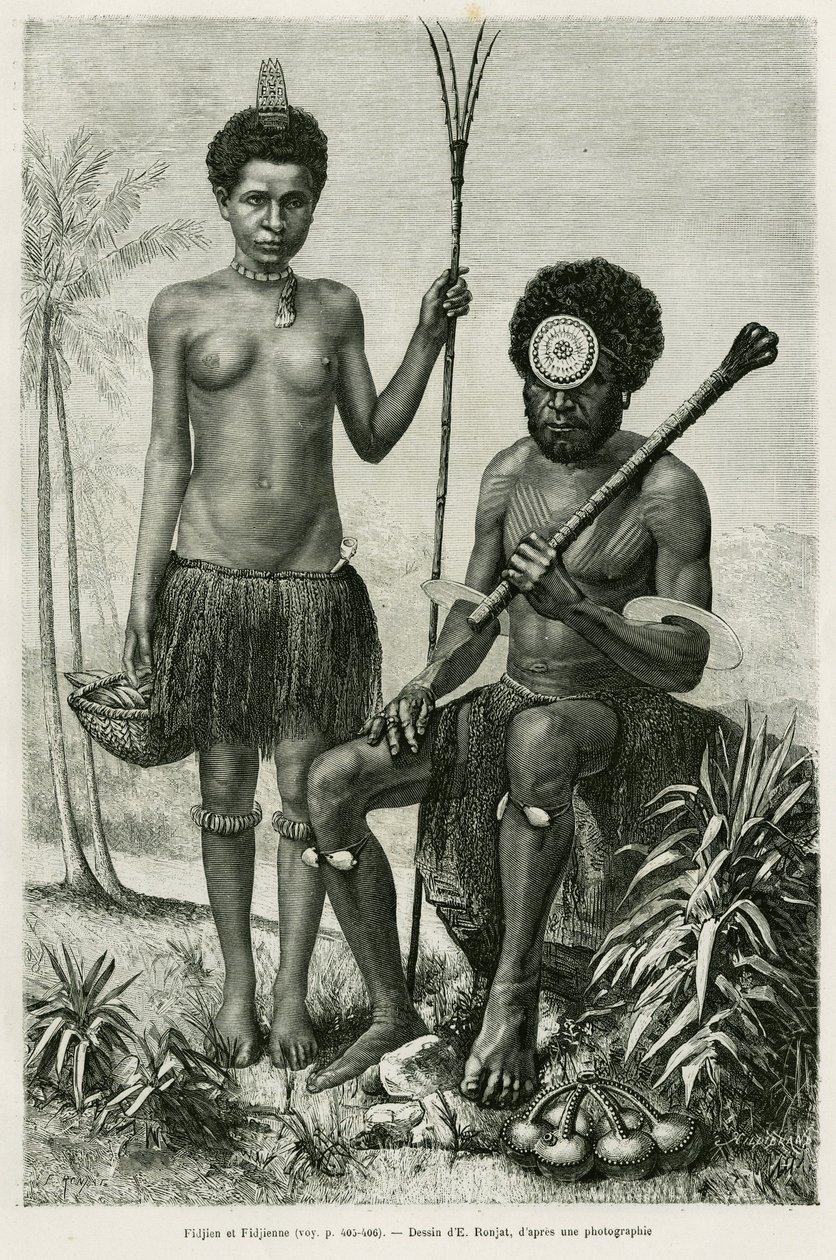 Pareja fijiana. Grabado por E. Ronjat para ilustrar la historia Paseos en Oceanía, por Aylic Marin, en Le tour du monde 1887, dirigido por Edouard Charton (1807-1890), Hachette, París de Etienne Antoine Eugene Ronjat