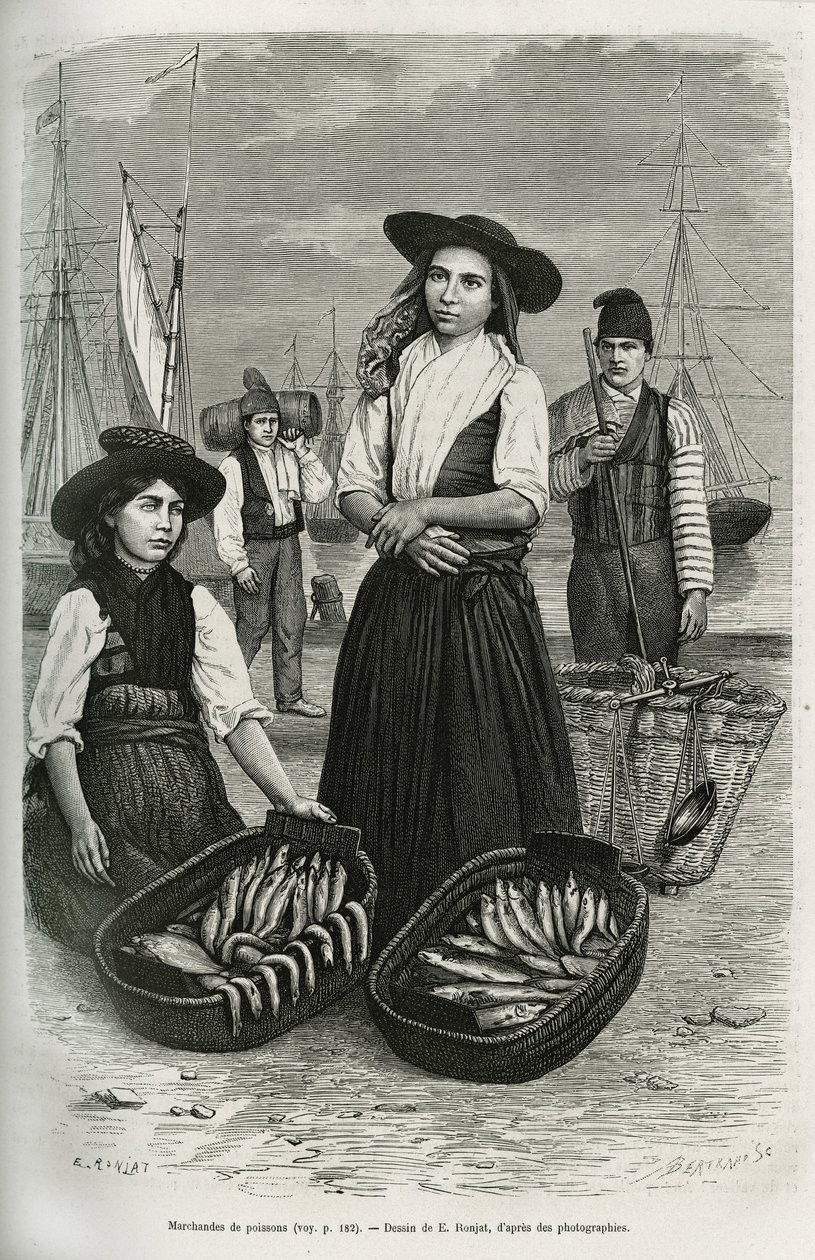 Comerciantes de pescado, vistiendo el traje tradicional de las mujeres: falda corta y plisada, corpiño con botones de plata, cubierto con un amplio sombrero de fieltro negro. Ilustración de la historia una semana en Lisboa, por Jules Leclercq, publicado en de Etienne Antoine Eugene Ronjat