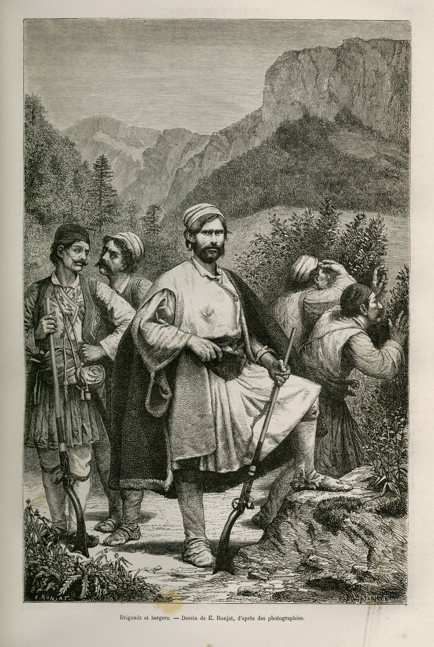 Bandidos y pastores griegos, cómplices en las montañas, dibujo de E.Ronjat, para ilustrar la historia de Henri Belle: Viaje a Grecia de Etienne Antoine Eugene Ronjat