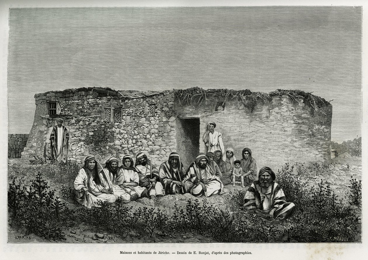 Casas y habitantes de Jericó (Cisjordania). Grabado de E.Ronjat, para ilustrar la historia de Siria hoy, por M.Lortet, decano de la Facultad de Medicina de Lyon, encargado de una misión científica por el Ministerio de Educación Pública, publicado en el Tou de Etienne Antoine Eugene Ronjat