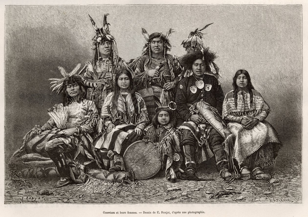 Guerreros indios y sus esposas (Texas). Grabado según el dibujo de E.Ronjat, para ilustrar la historia La conquista blanca, de William Hepworth Dixon, en 1875, publicado en Le tour du monde, 1876, editado por Edouard Charton, edición Hachette, París de Etienne Antoine Eugene Ronjat