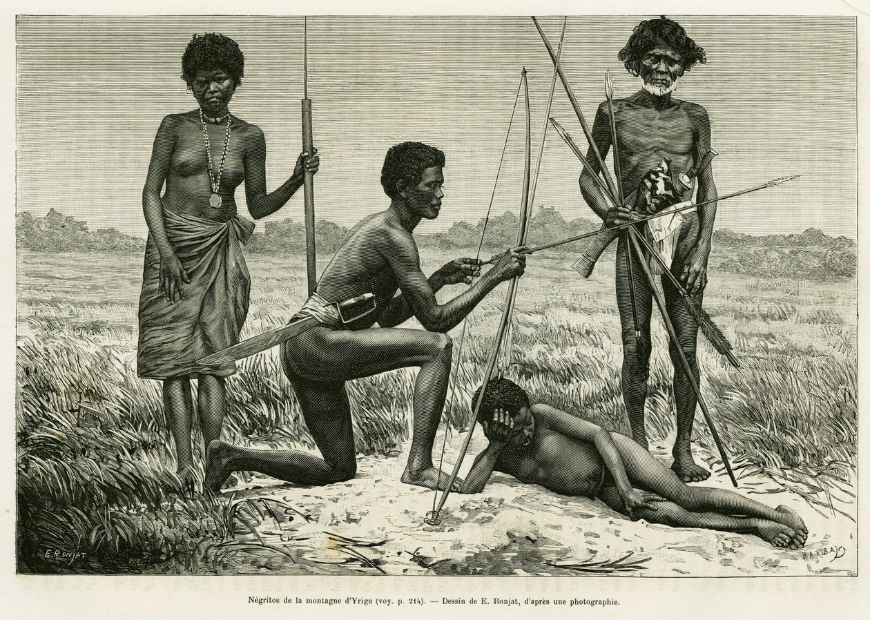 Negritos de la montaña Yriga. Grabado de E.Ronjat para ilustrar la historia Lucon y Palaouan, seis años en Filipinas, de Alfred Marche (1844-1898), en Le Tour du Monde 1886, dirigido por Edouard Charton (1807-1890), Hachette, París. de Etienne Antoine Eugene Ronjat