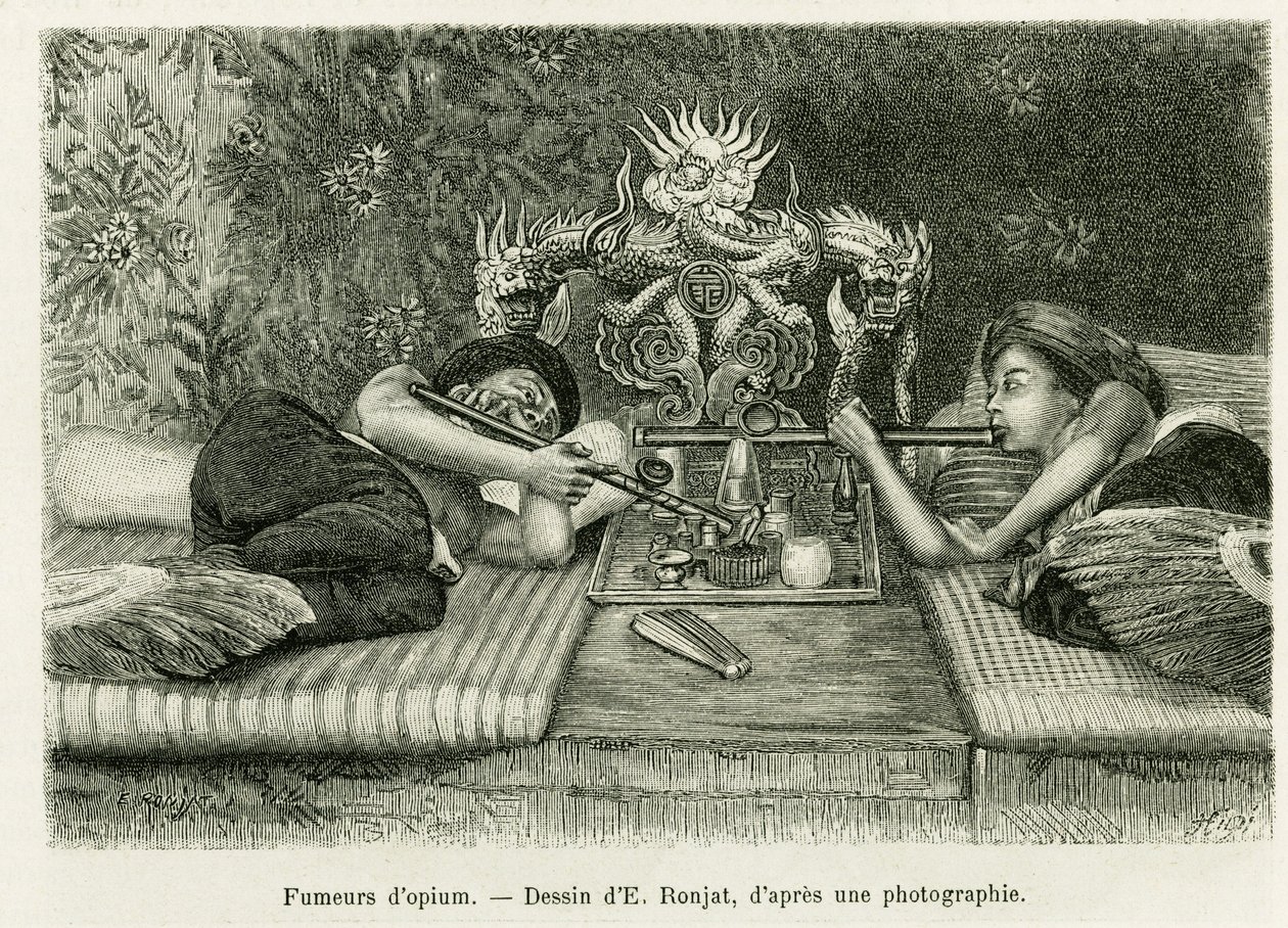 Fumadores de opio. Grabado de E. Ronjat, después de una fotografía, para ilustrar la historia Treinta meses en Tonkín en 1884, por el Doctor Hocquard, en Le Tour du monde 1889, dirigido por Edouard Charton (1807-1890), Hachette, París. de Etienne Antoine Eugene Ronjat