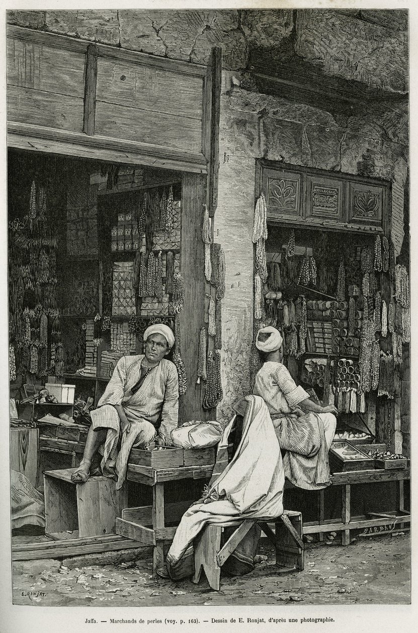 Comerciantes de perlas en Jaffa (Israel). Ilustración de La Siria de hoy, por M. Lortet, decano de la Facultad de Medicina de Lyon, encargado de una misión científica por el Ministerio de Educación Pública, publicado en Le tour du monde de Etienne Antoine Eugene Ronjat