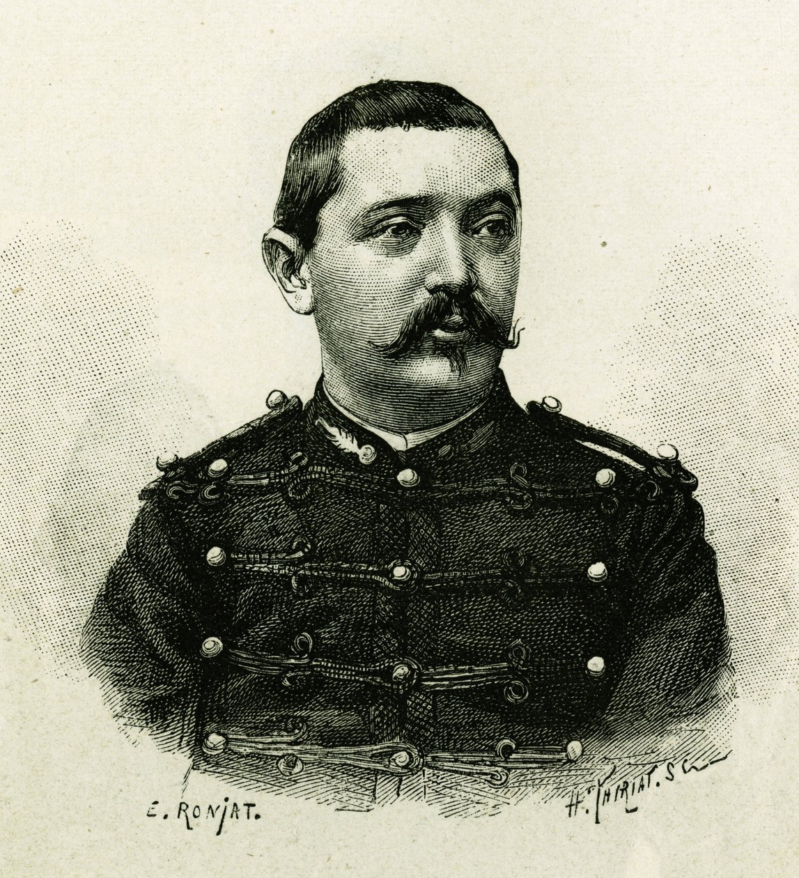 Retrato del Capitán Pietri, de la artillería naval, durante la expedición a África 1879-1882, bajo el mando de Gallieni. Grabado por E. Ronjat, para ilustrar la historia “Exploración del Alto Níger” (actual Mali) por el Comandante Gallieni de Etienne Antoine Eugene Ronjat