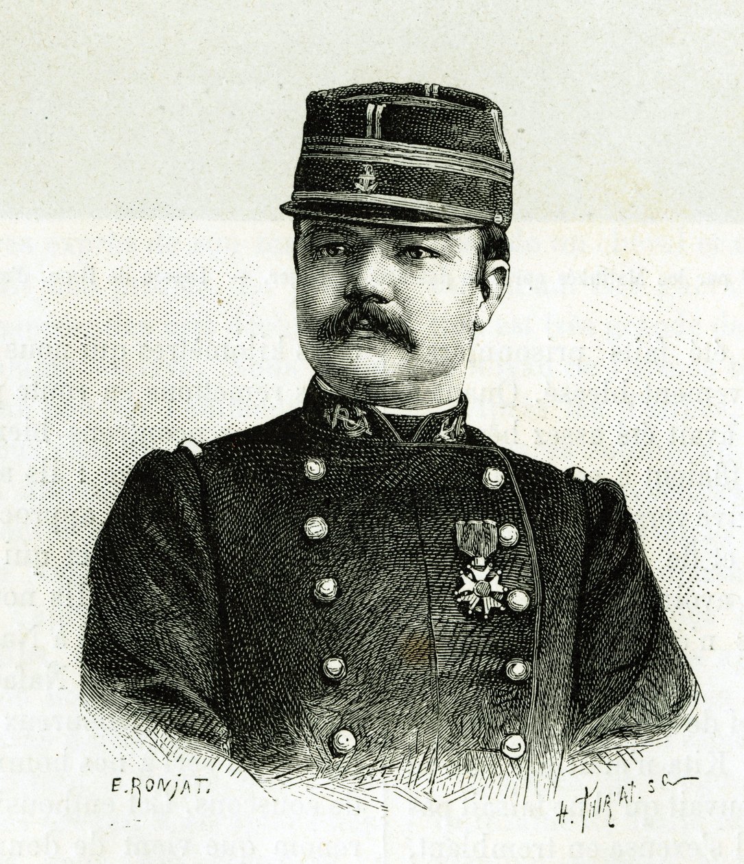 Retrato del Capitán Valliere, de la infantería naval, durante la expedición a África bajo el mando de Gallieni. Grabado de E.Ronjat, según una fotografía, para ilustrar la historia “Exploración del Alto Níger (Alto Níger)” (actual Mali) por el Comandante de Etienne Antoine Eugene Ronjat
