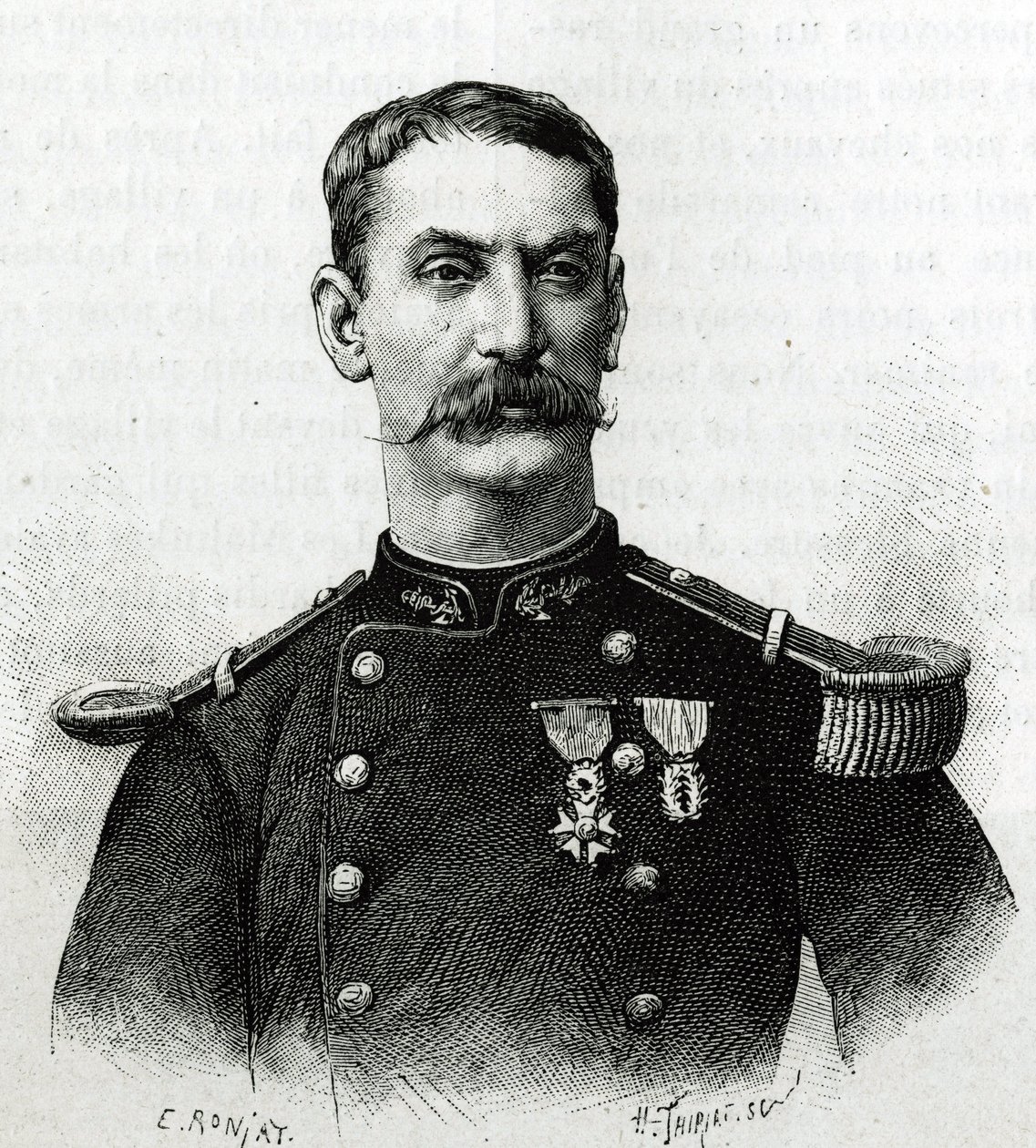 Retrato del Comandante Joseph Gallieni, durante la expedición en África (1879-1882). Grabado por E. Ronjat después de una fotografía, ilustración de la historia “Exploración del Alto Níger (Alto Níger)” (actual Malí) por el Comandante Joseph Gallieni (1849 de Etienne Antoine Eugene Ronjat
