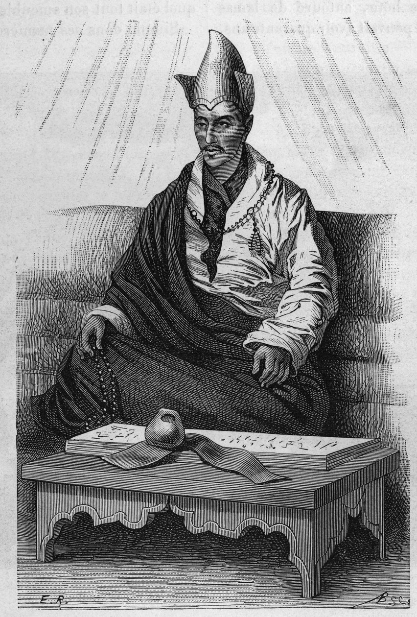 Retrato de Khutukcha, un alto sacerdote del Tíbet en los años 1870-1880. Grabado después de un dibujo de Ronjat, en “Le Tour du Monde, Nouveau journal des Voyages”, editado por Edouard Charton, París de Etienne Antoine Eugene Ronjat