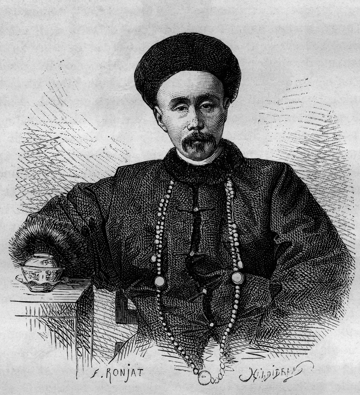 Retrato de Li Hongzhang (1832-1901), general chino y virrey de Zhili de 1871 a 1895 y de 1900 a 1901. Grabado de un dibujo de Ronjat, de una fotografía de Thomson, en “Le Tour du Monde, Nouveau journal des Voyages”, editado por Edouard Charton de Etienne Antoine Eugene Ronjat