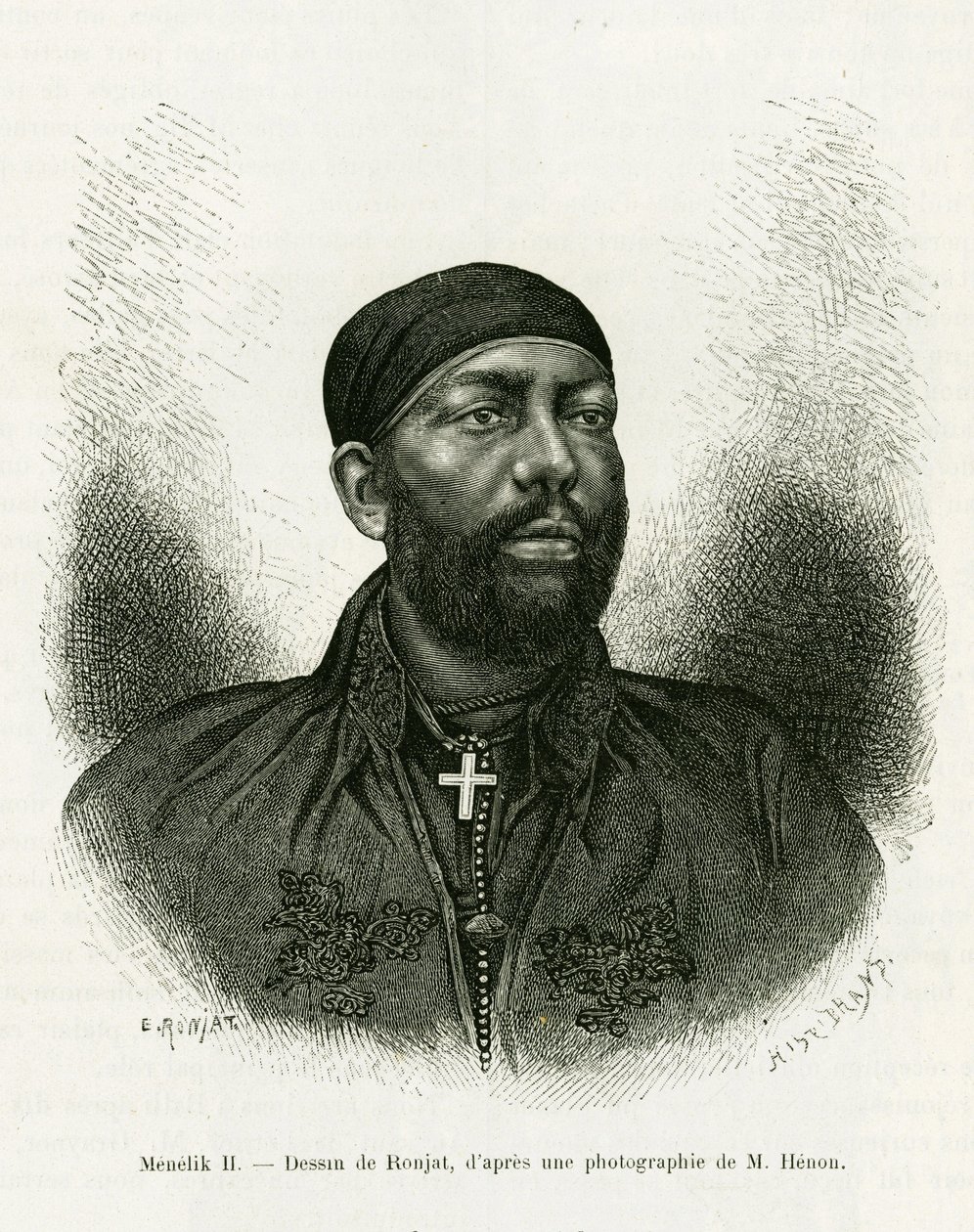 Retrato del Príncipe Menelik II de Etiopía (1844-1913). Grabado por Ronjat, para ilustrar la historia Voyage au Choa (Abyssinie méridionale) de Etienne Antoine Eugene Ronjat