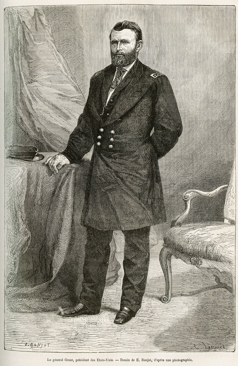 Retrato de Ulysses Grant (1822-1885), general estadounidense, líder de las tropas de la Unión durante la Guerra de Secesión y 18º Presidente de los Estados Unidos por dos mandatos desde 1869 hasta 1877. Grabado después del dibujo de E.Ronjat, para ilustrar de Etienne Antoine Eugene Ronjat