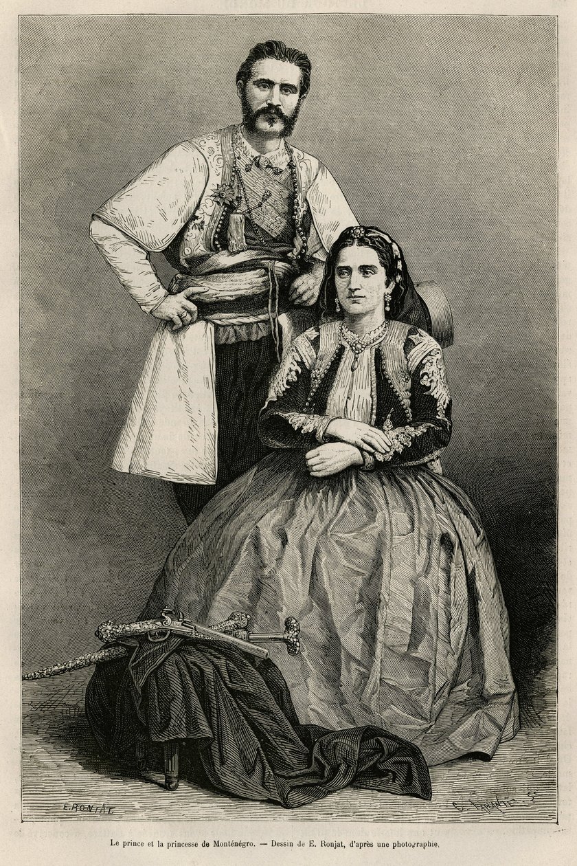 Retratos del Príncipe de Montenegro Nicolás I Petrovicz Niegosch (1841-1921) y su esposa, Milena, nacida Voukovich (1847-1923), dibujo de E.Ronjat, para ilustrar el viaje a Montenegro, en 1874, por Charles Yriarte (1832-1898). Grabado en Le tour du de Etienne Antoine Eugene Ronjat