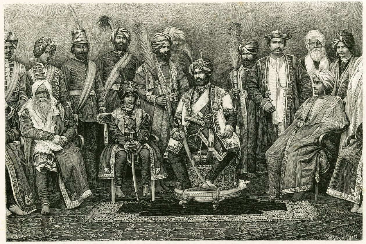 El maharajá de Cachemira, Rambhir Sing y su corte. Grabado por E. Ronjat, para ilustrar la historia "Retrato de una mujer parisina en el Himalaya Occidental", en 1881, por Marie de Ujfalvy-Bourdon. Publicado en Le Tour du monde, 2º semestre de Etienne Antoine Eugene Ronjat