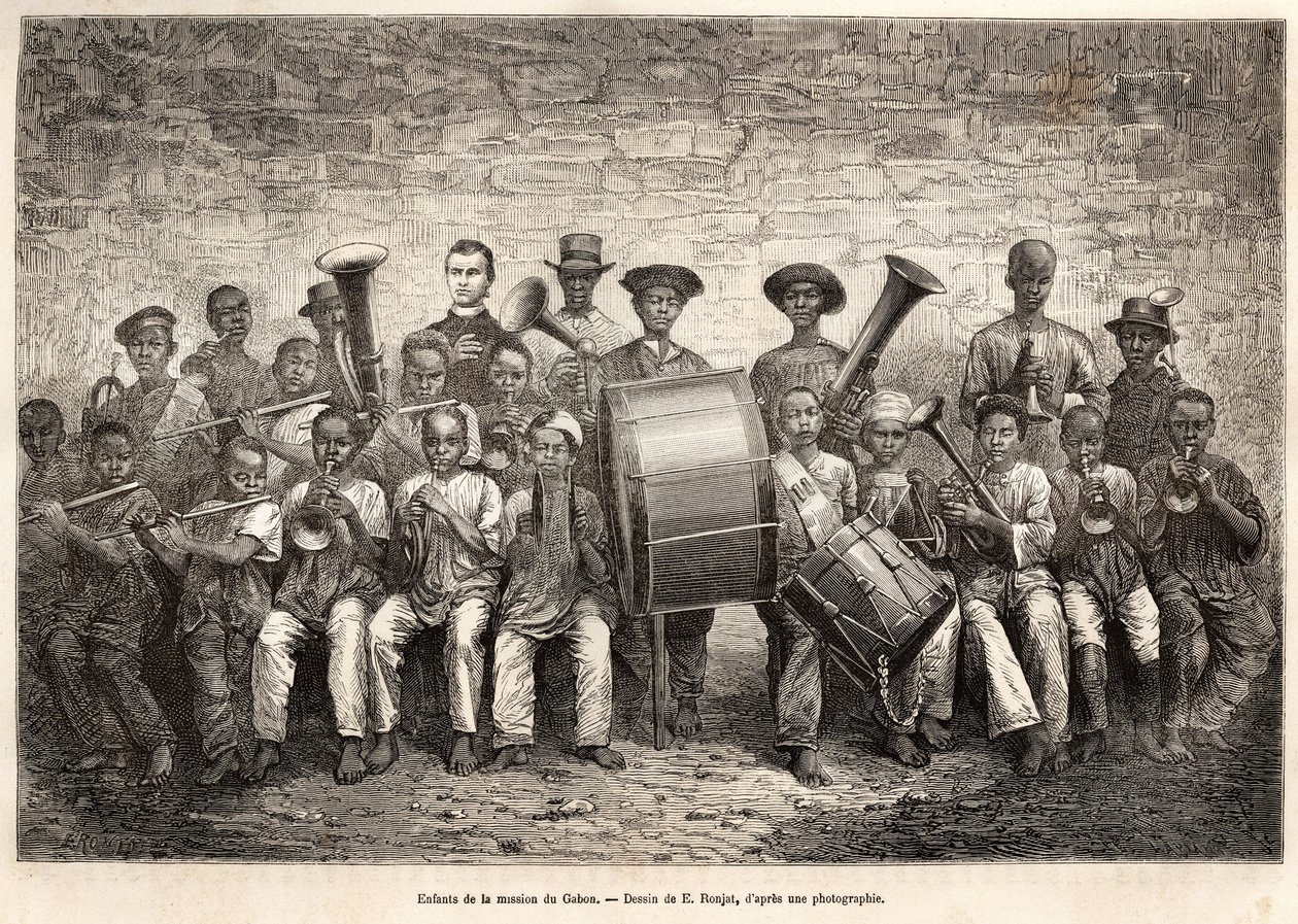 La banda de los niños de la misión de Gabón. Grabado según el dibujo de E.Ronjat, para ilustrar el crucero en la costa de África, por el Vicealmirante Fleuriot de Langle, en 1868, publicado en “Le tour du monde” 1876, editado por Edouard Charton, edición H de Etienne Antoine Eugene Ronjat