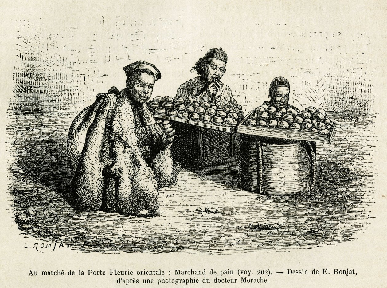El comerciante de pan, al pie de la Puerta de la Flor Oriental del Palacio Imperial en Pekín, una escena actual de la vida cotidiana. Grabado según el dibujo de E.Ronjat, para ilustrar el viaje a Pekín y el norte de China, por T.Choutze, en 1873, publicado de Etienne Antoine Eugene Ronjat