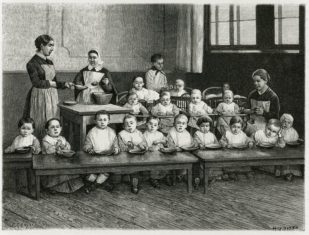 La comida de los niños en la guardería. Grabado por E. Ronjat, para ilustrar la historia 