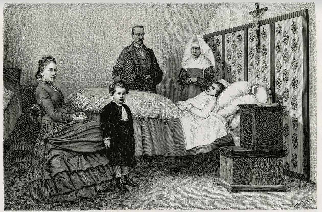La consulta del médico en el hospicio de Logelbach. Grabado por E. Ronjat, para ilustrar la historia "A través de Alsacia y Lorena", en 1884, por Charles Grad (1842-1890), diputado alemán, escritor y naturalista. Publicado en Le Tour du monde de Etienne Antoine Eugene Ronjat