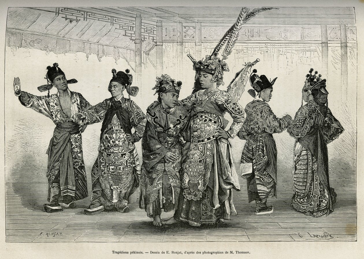 Tragediantes de un teatro pekinés, especializados en dramas históricos y mitológicos. Grabado según el dibujo de E.Ronjat, para ilustrar el viaje a Pekín y el norte de China, por T.Choutze, en 1873, publicado en Le tour du monde, 1876, editado por Edouard  de Etienne Antoine Eugene Ronjat