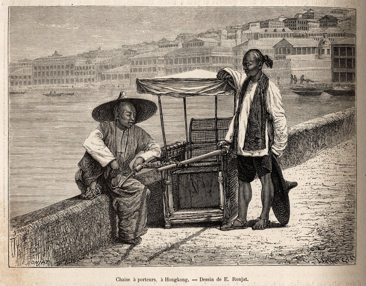 Dos porteadores en reposo junto a su silla de ruedas en Hong Kong, grabado después de un dibujo de E. Ronjat ilustrando el viaje a China, por J. Thompson, en 1870-1872, publicado en 