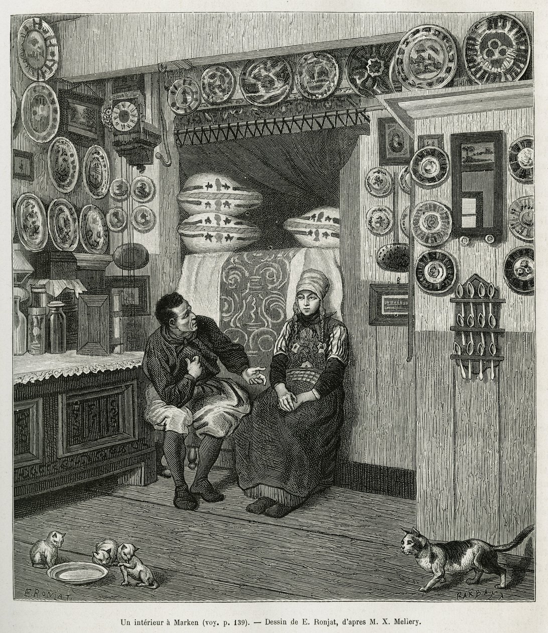 Un interior en Marken (Países Bajos), ilustración de la historia de los Países Bajos, por Charles de Coster, en 1878, publicado en Le tour du monde, bajo la dirección de Edouard Charton de Etienne Antoine Eugene Ronjat