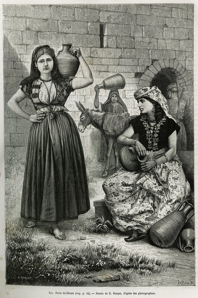 Mujeres llevando jarras, cerca del pozo de Hiram en Tiro. Grabado por E.Ronjat, para ilustrar la historia La Siria de hoy, por M.Lortet, decano de la Facultad de Medicina de Lyon, encargado de una misión científica por el Ministerio de Educación Pública, p de Etienne Antoine Eugene Ronjat