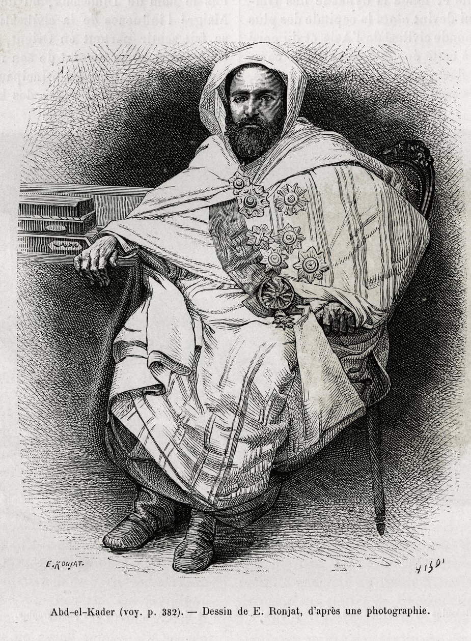 Retrato de Abd El Kader (1808-1883) emir y sultán argelino, teólogo sufí, político y resistencia militar al ejército colonial francés, también escritor, poeta y filósofo. Grabado de E.Ronjat, para ilustrar la historia La Siria de hoy, por M. de Etienne Antoine Eugene Ronjat