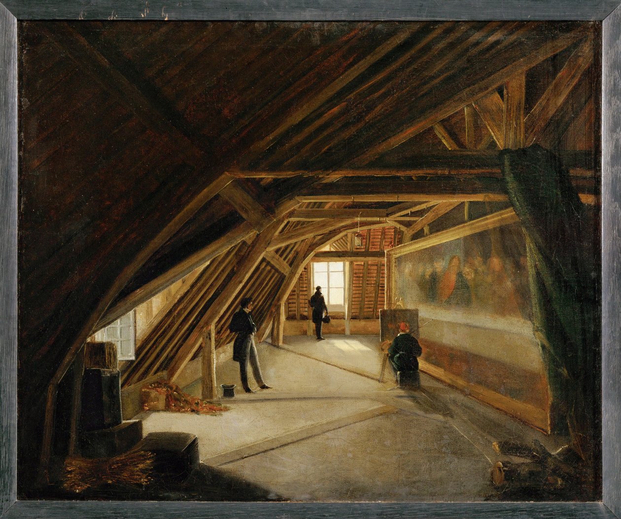 Vista del desván de un museo, con un copista trabajando ... de Etienne Bouhot