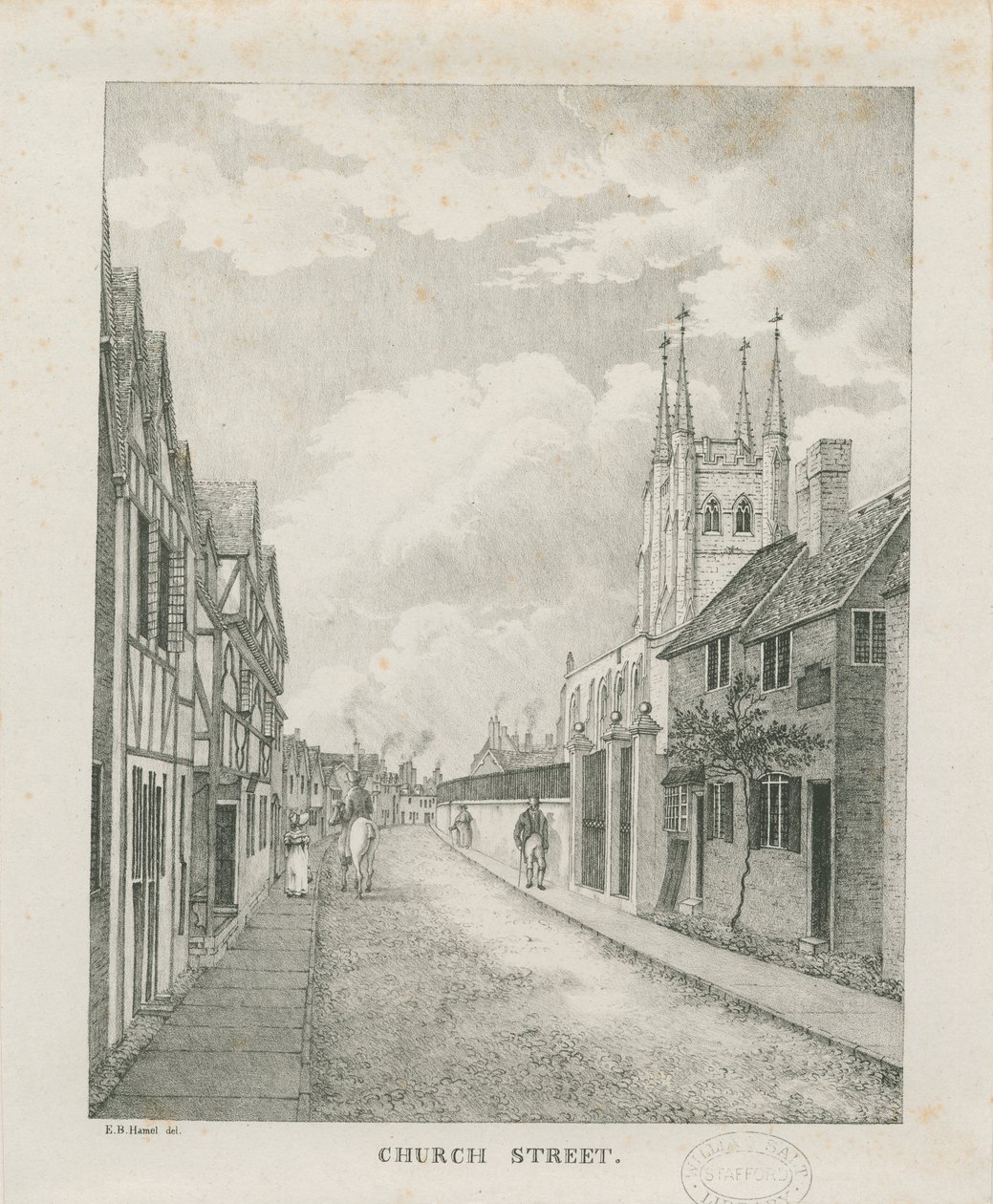Tamworth - Calle de la Iglesia: litografía, nd [1796-1865] de Etienne Bruno Hamel