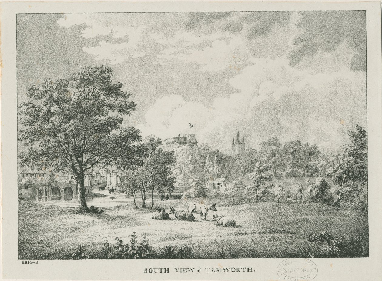 Tamworth - Vista distante desde el sur: litografía, nd [1796-1865] de Etienne Bruno Hamel