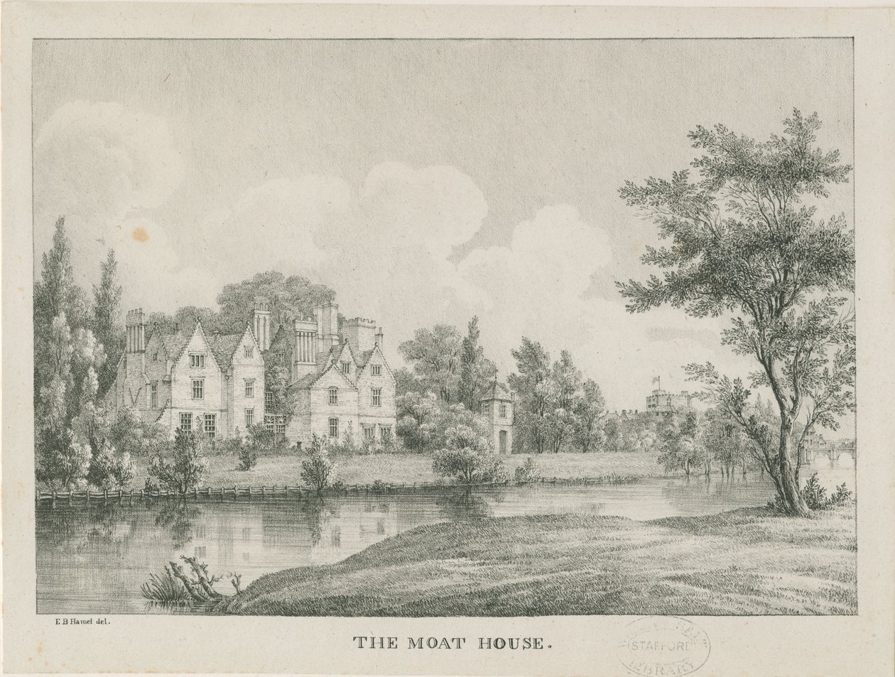 Tamworth - La Casa del Foso: zincografía, nd [1796-1865] de Etienne Bruno Hamel