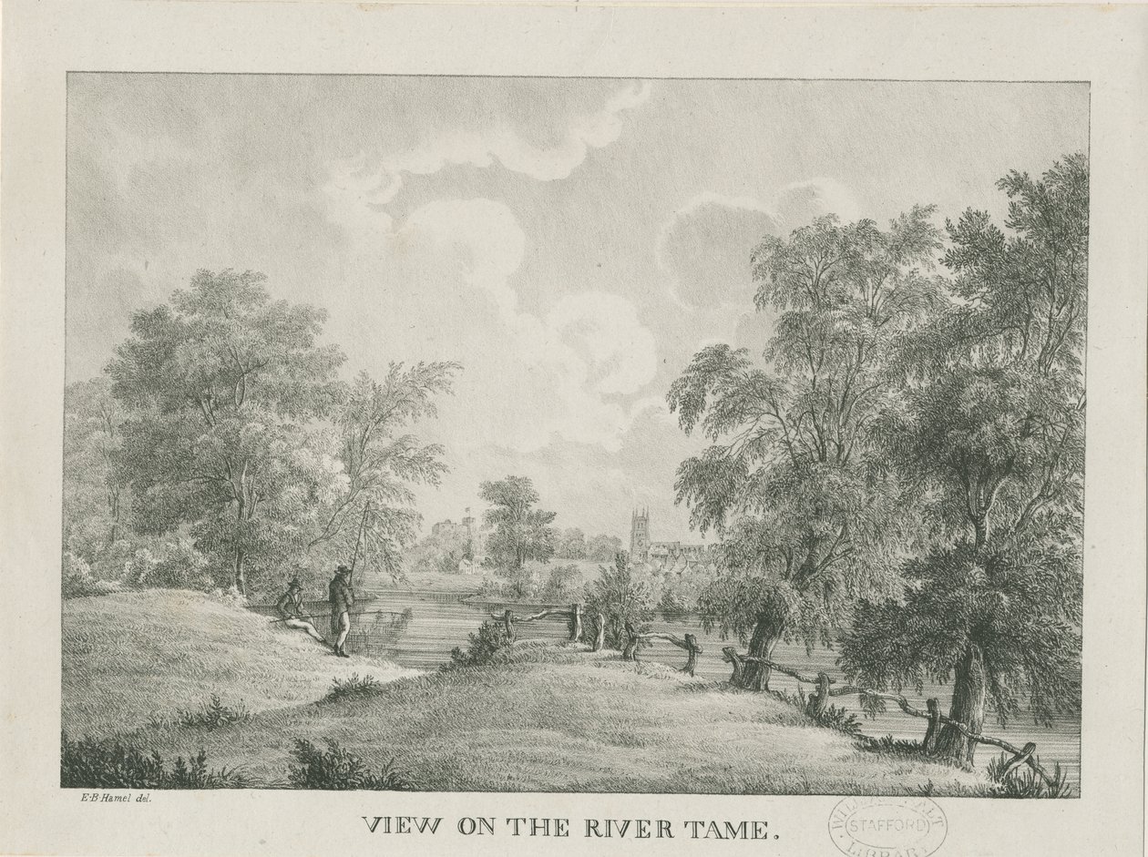 Tamworth - El río Tame: litografía, nd [1796-1865] de Etienne Bruno Hamel
